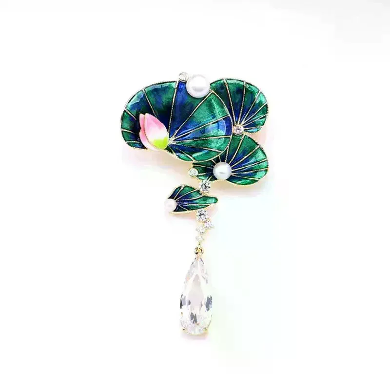 Fashion Enamel Lotus Water Lily Waterdrop Brooches Pins For Women Coat Jewelry Accessries Gifts