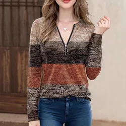 2024 Spring And Winter New Women's Gradual Color Casual Style Polo Collar Zipper Slim Fashion Blouse Women