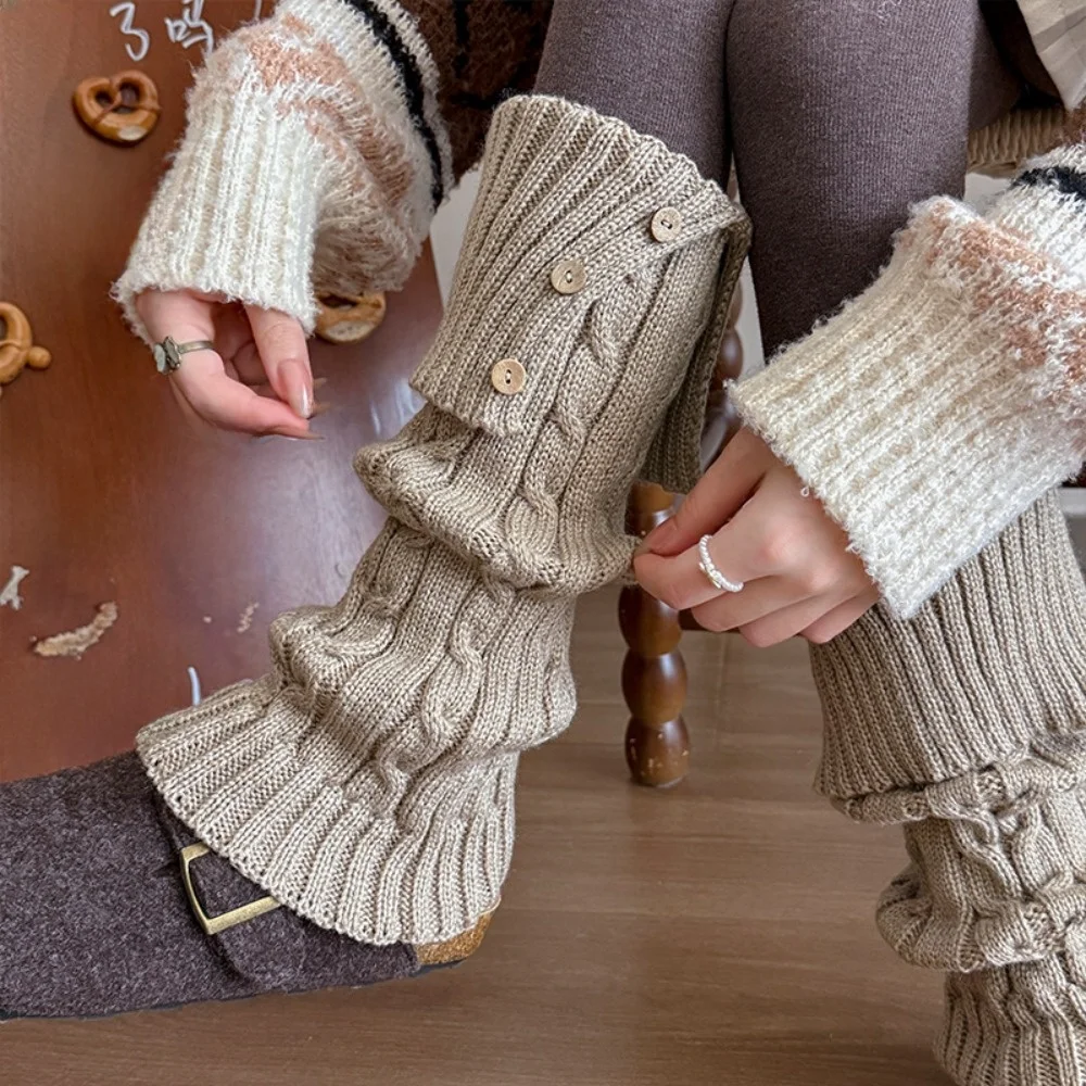

New Button Leg Warmers Twist Crochet Design Boot Cuff Wool Maillard Color Lolita Knitted Socks Winter
