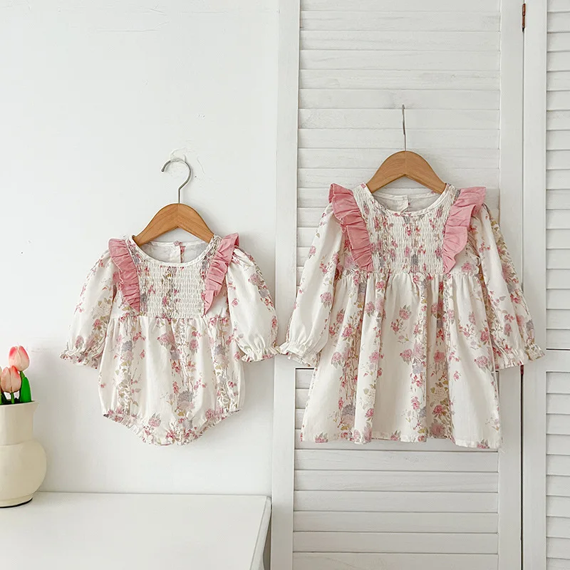 

Autumn New Baby Girl Lace Ruffle Floral Dress Long Sleeve Infant Romper Stylish Sister Outfit
