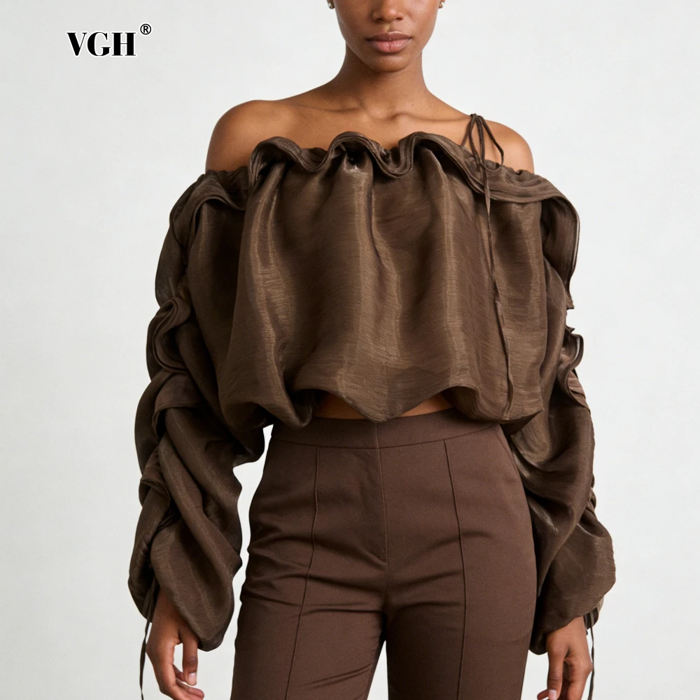 

VGH Coffee Loose Spliced Folds Chic Shirts for Women Slash Neck Long Sleeve Vintage Design Shirt Female Summer Fashion Style New