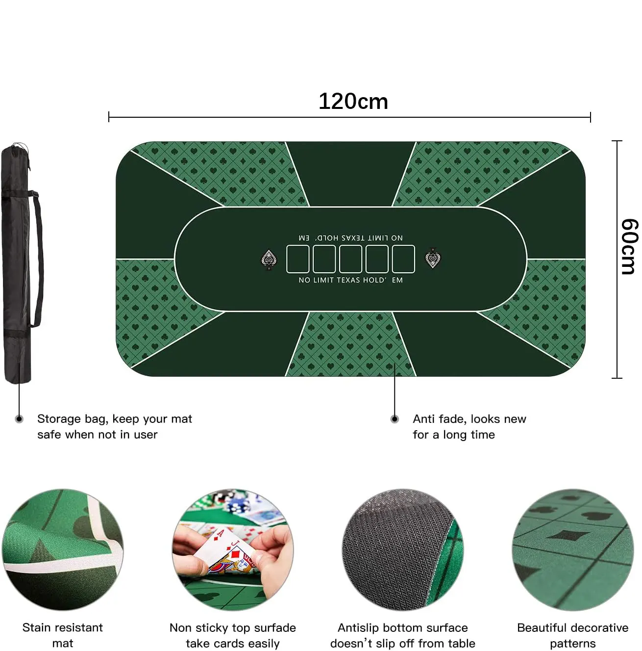 60x120cm Poker Mat Texas Hold'em Rubber Mat Poker Topper for Tables Folding Portable Poker Table Top Layout with Carrying Bag