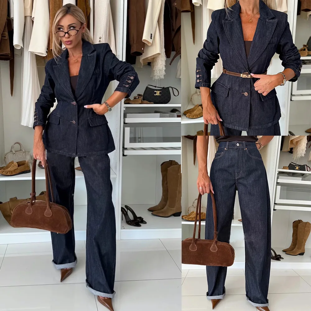 

Pant Set Women Two Piece Sets Turn Down Collar Full Sleeve Denim Coats Wide Leg Floor Length Pants High Waist Y2k Streetwear