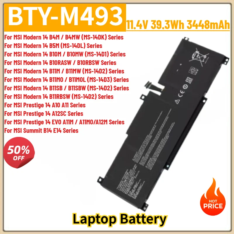 BTY-M493 Battery 11.4V 3448mAh For MSI Prestige Modern 14 B4M B4MW B5M ,Prestige 14 A10 A11 A12SC Laptop Replacement Battery
