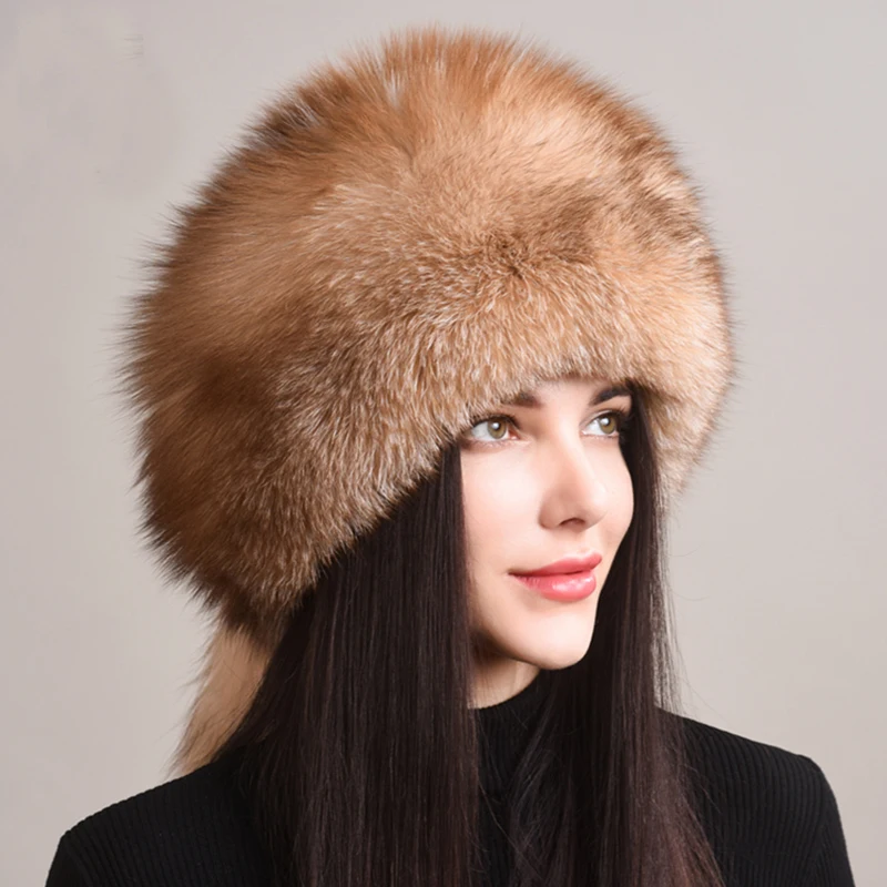 Winter Fur Hat Women Natural Raccoon Fox Fur Russian Hats Winter Outdoor Thick Warm Bomber Ears Caps