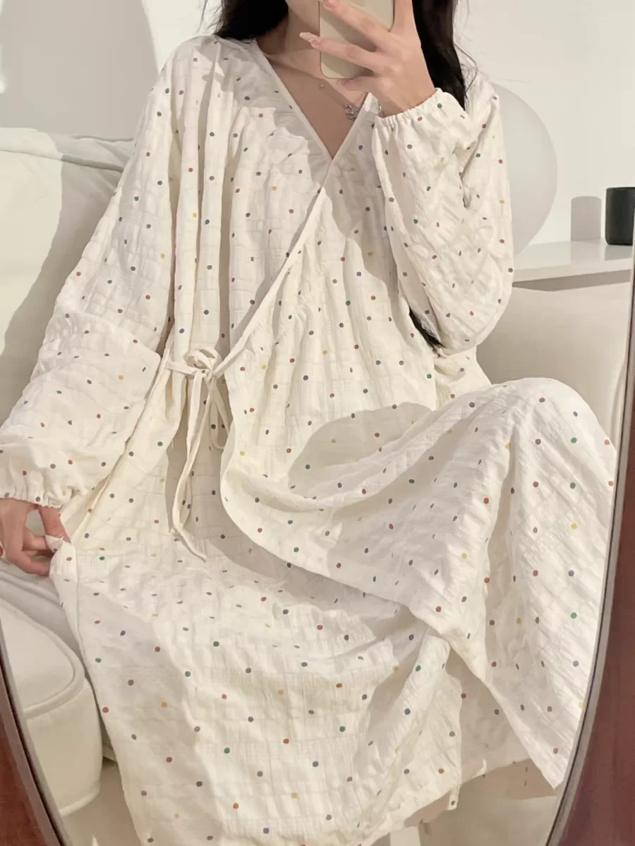 Robe Women's Kimono Nightgown Polka Dot Long Sleeve Home Clothes Pajama Lingeries Pajamas Cute Loose Sleepwear Robes Ladies Lady 3