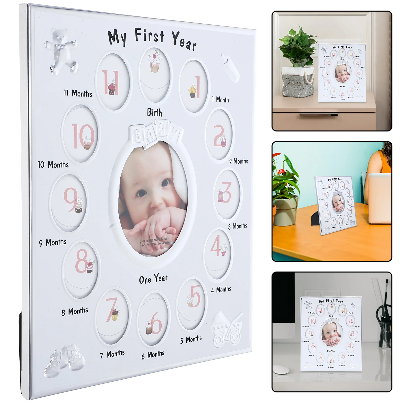

1pc 12 Months Photo Frame White Cartoon Design Growth Record Display Rack For First Year 12