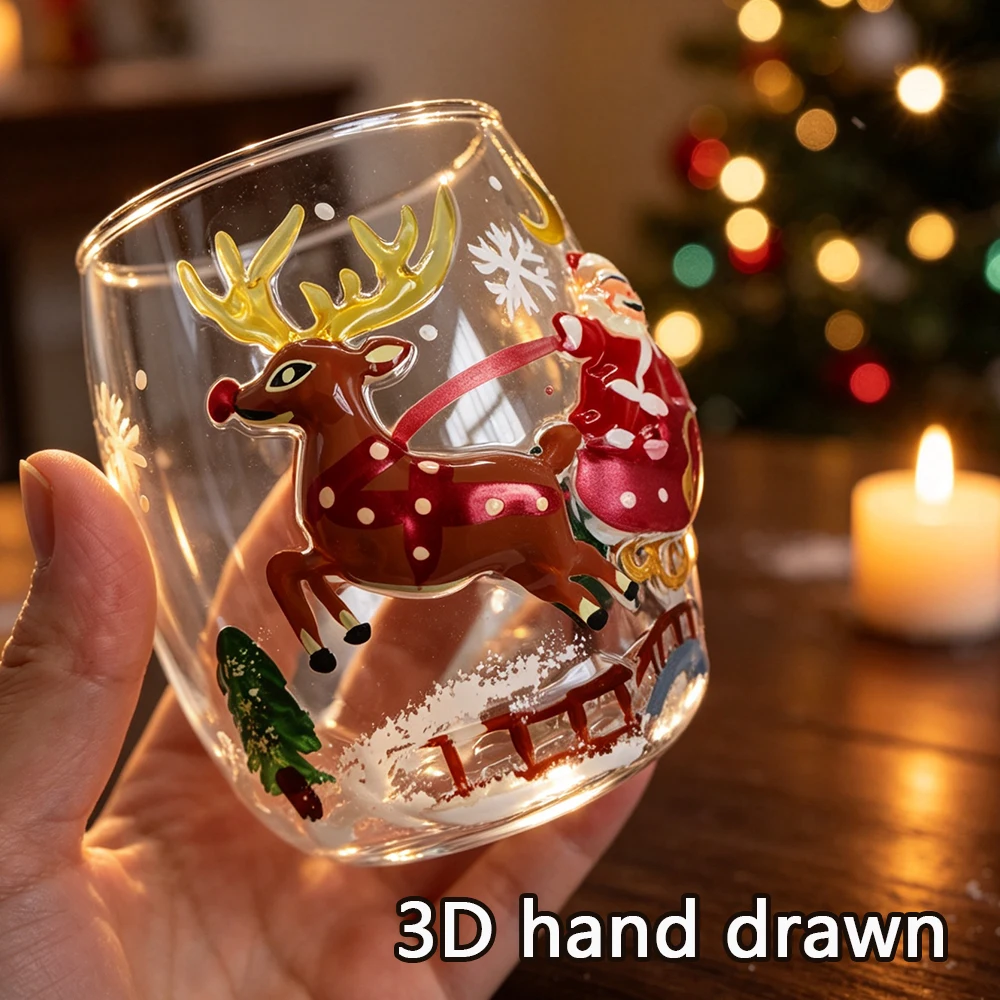 YWDL Stemless Wine Glass 350ml 3D Hand-painted Borosilicate Red Wine Cocktail Whiskey Christmas Xmas Tree Santa Snowman Gift