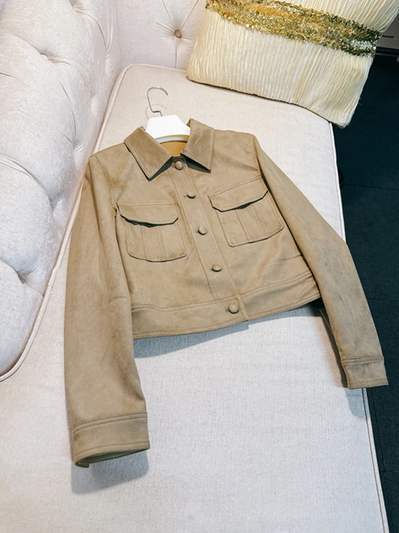 

Retro High nce Old Money Sle Suede Jaet Women's Khaki ort Workwear Jaet Slim Fit Top Casual Windbreaker