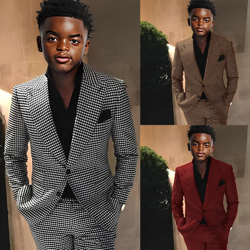 

Boy Suits 2 Piece Hountooth for Wedding Costumes Set Checkered Kids Tuxedos Boy Fashion Clothes Jacket with Pants