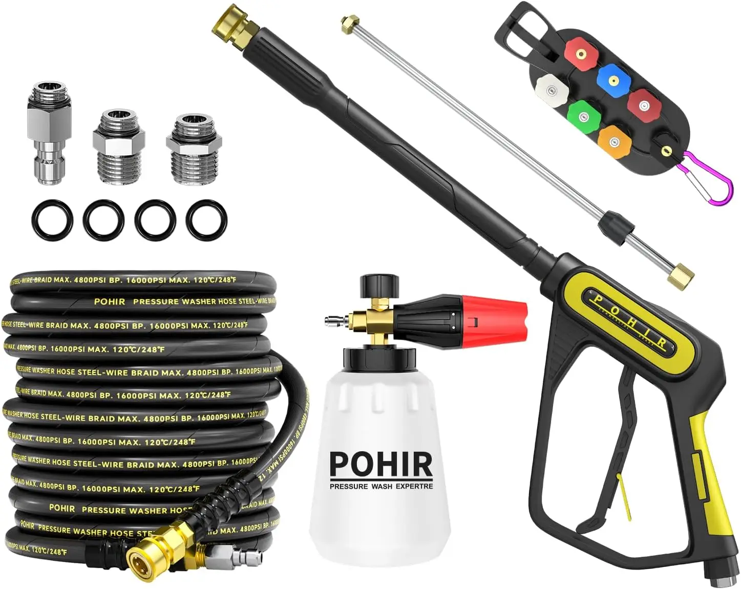 

Pressure Washer Gun 4800PSI, 50FT Hose, Foam Cannon, Extension Wand & Nozzle Tips, M22 15mm/14mm Fittings