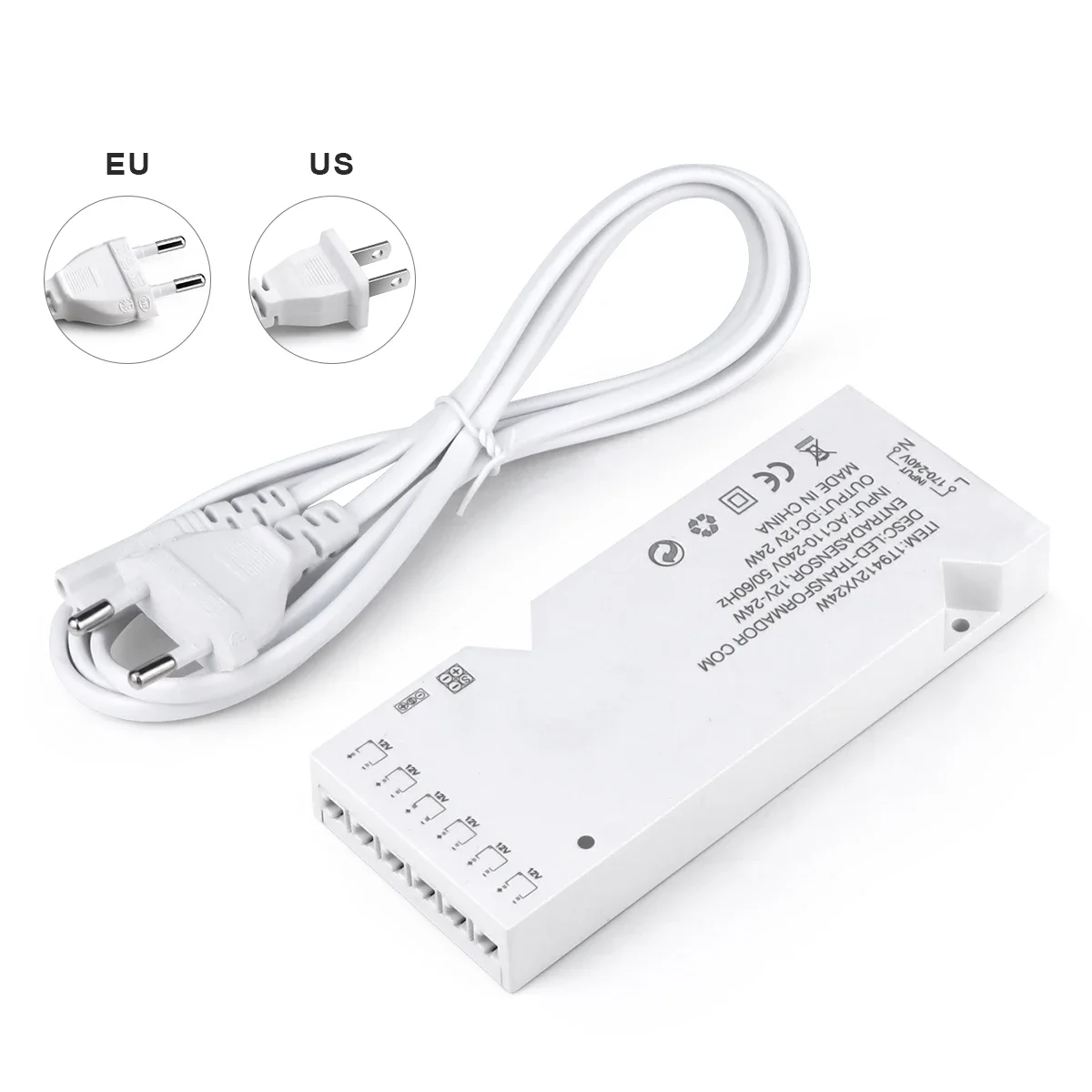 DC12V LED Driver Power Supply 24W/36W/60W/100W, AC110V-240V US/EU Plug, 6-10 Port for Cabinet Wardrobe LED Appliances