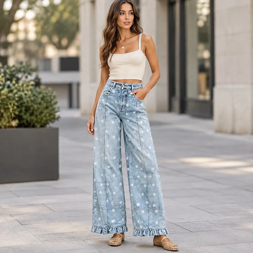 Ruffle Jeans Wide Leg High Waist Casual with Office Style No Stretch Loose Fit Pocket Commuter Chic Autumn Wash Women Pants