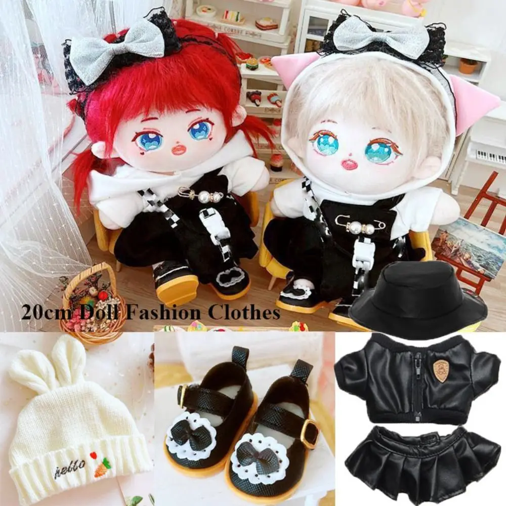 Plush Vest PU Pants 20cm Doll Clothes Fur Coat Headwear Cotton Stuffed Dolls Shoes Bag Accessories Idol Doll Outfit T-shirt Suit