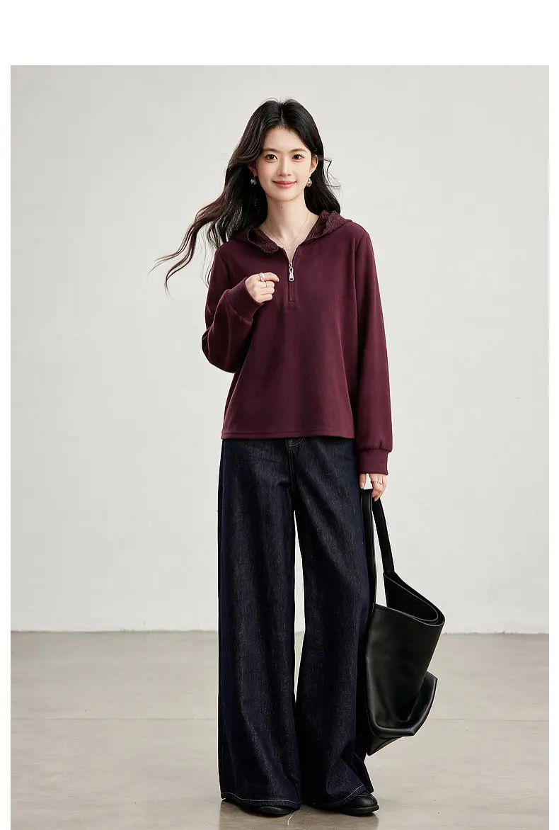 VIMLY Women's Hooded Sweatshirt 2026 Autumn Elegant Lace Trim Splicing Casual Pullover Fashion Long Sleeve Top Ladies A7628