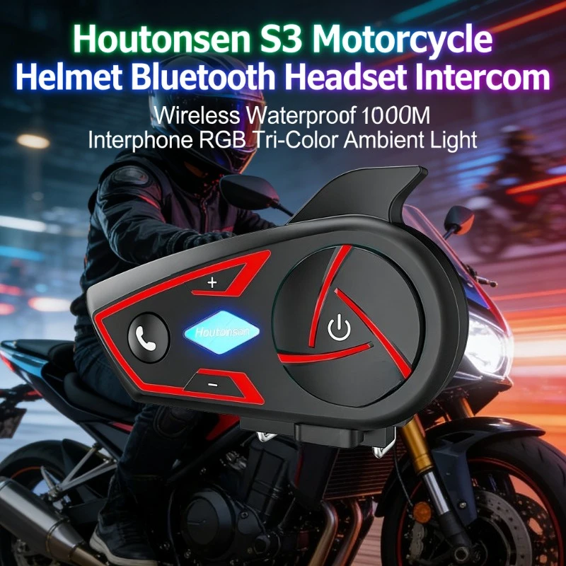 

Houtonsen S3 1000M Intercom Motorcycle Bluetooth Helmet Headset Waterproof RGB Tri-Color Ambient Light Interphone