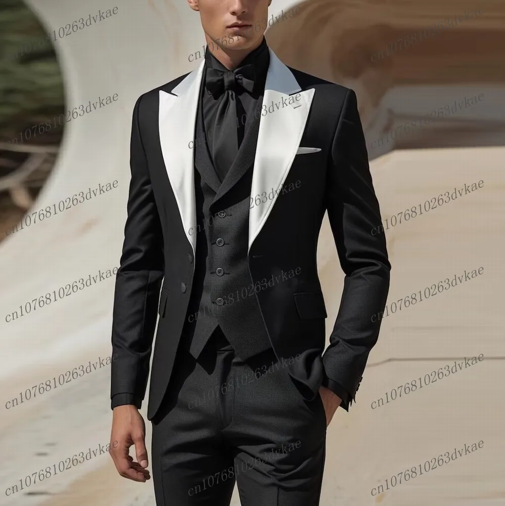

New White Collar Black Men Suit Wedding Party Formal Groom Groomsman Prom Business Male Tuxedos 3 Piece Set Jacket Vest Pants