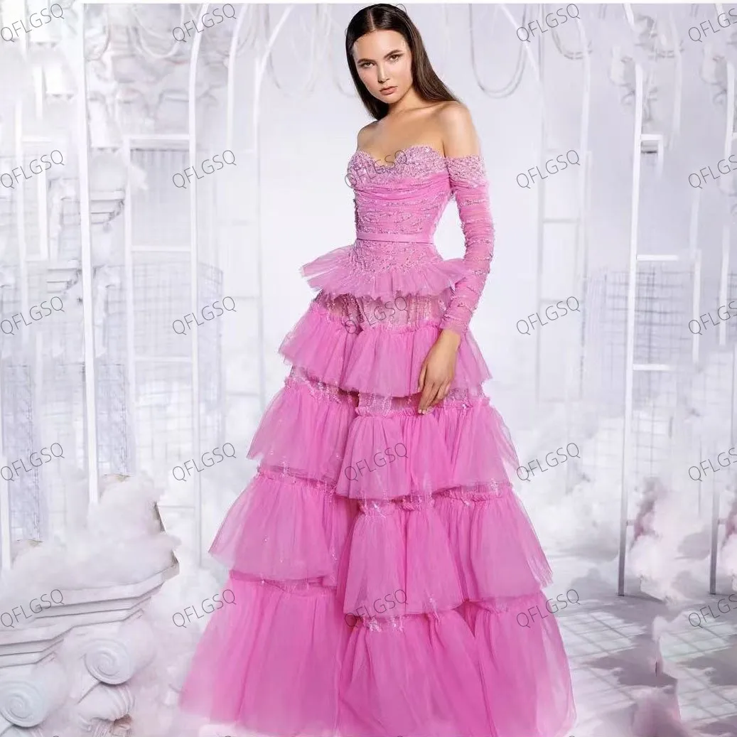 

Shining Pink Lace Evening Dress Strapless Trimmed Party Dresses Tier Upon Tier Tulle Floor Length Full Sleeve Wedding Gowns