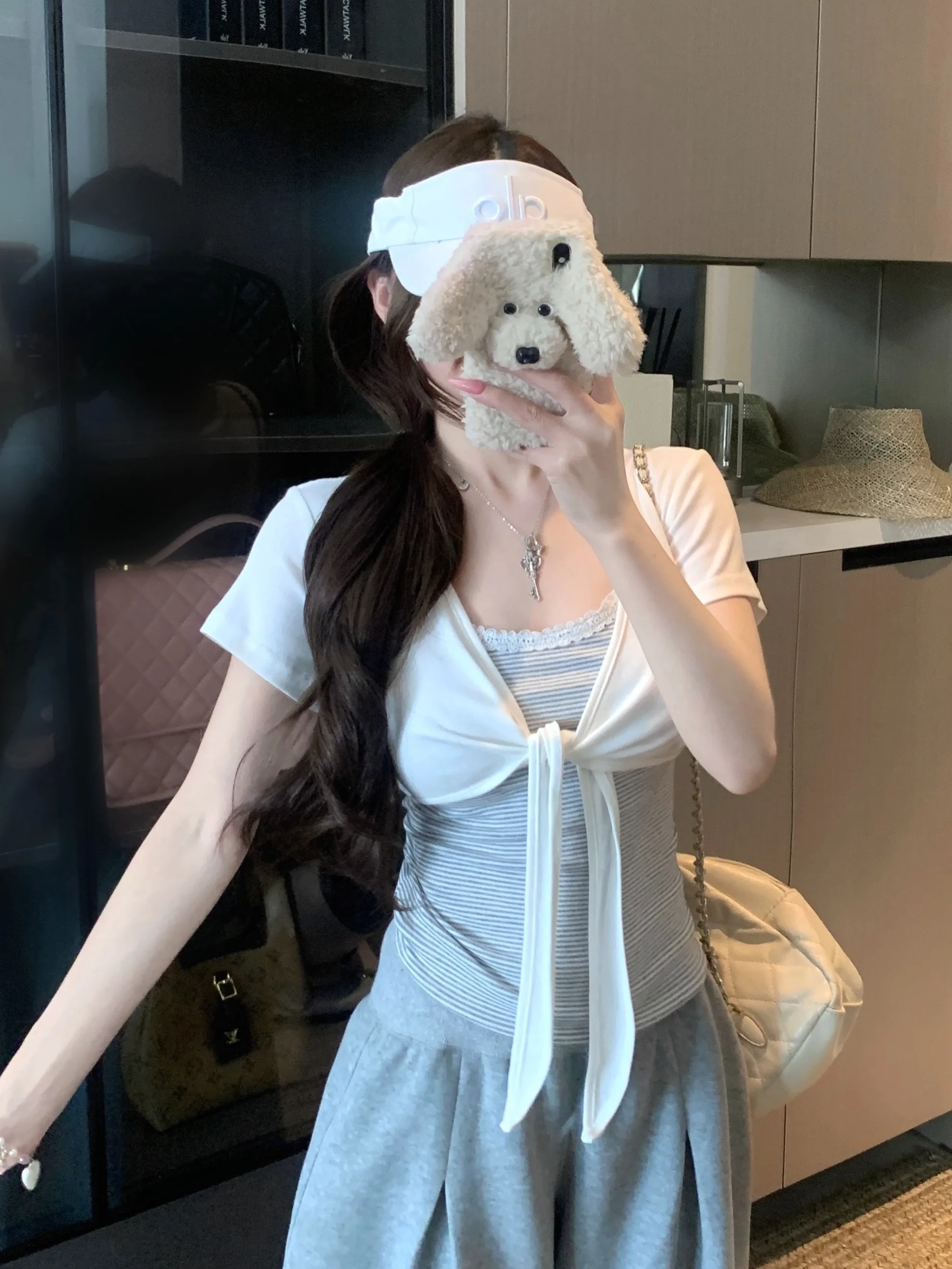 

plus Size Lace Paneling Tie Short Sleeve T-Shirt Women's Slimming Stylish Summer New Arrival Top Korean Style Commute Fashion