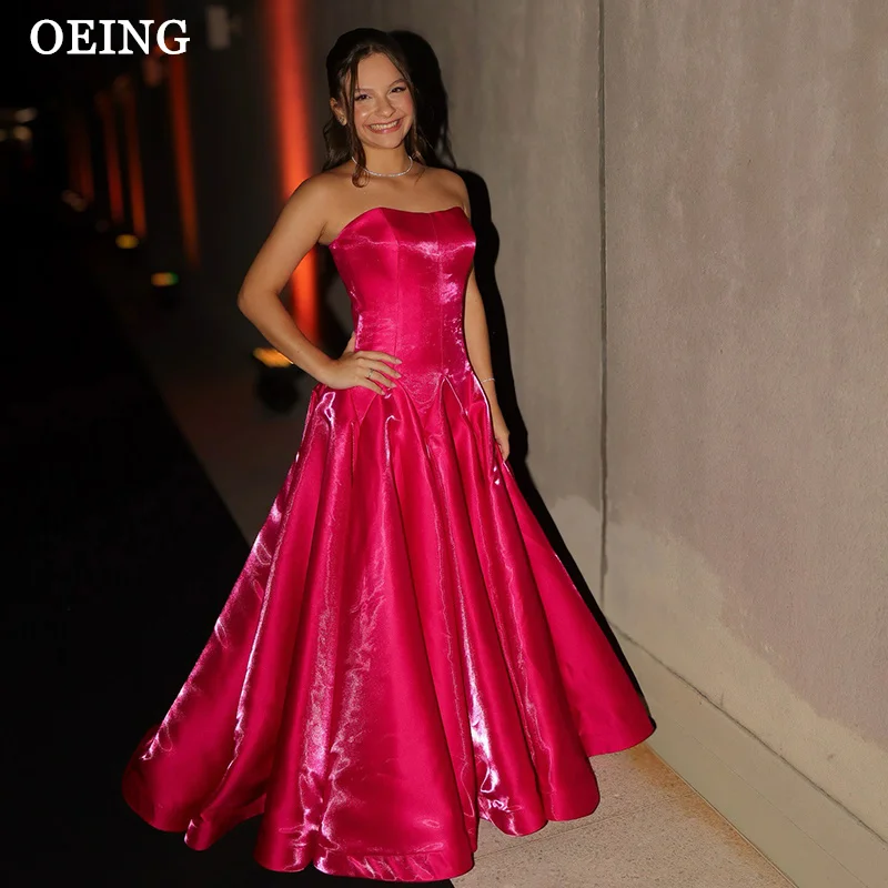 

OEING Glossy A-Line Prom Dress Simple Hot Pink Draped Sleeveless Sweetheart Floor Length Evening Dress vestidos Customized