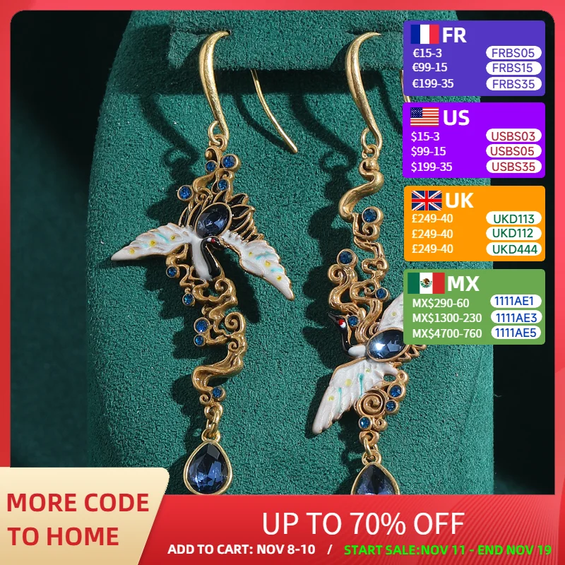 

Vintage Jewelry Long Crane Statement Earrings Crystal Blue Drop Big Charm Gold Color Woman Accessories Antique Style 2025 New