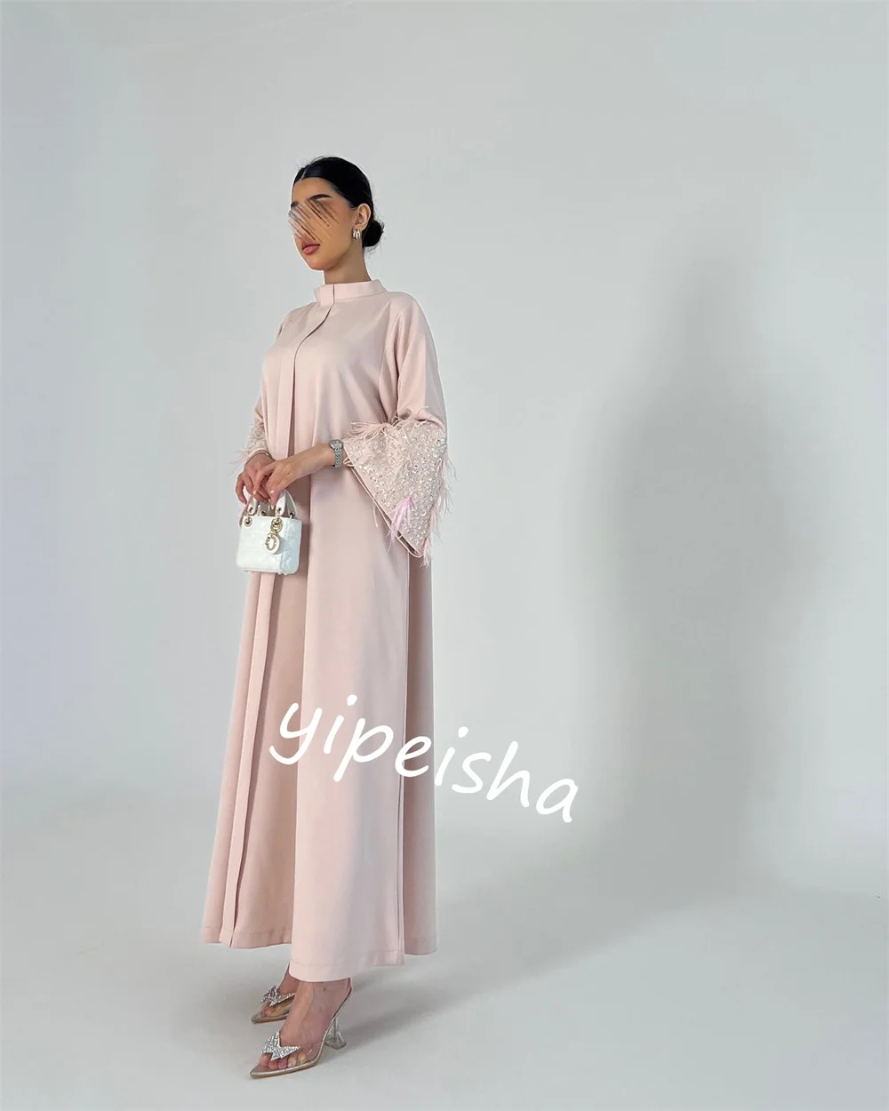 Jiayigong-Jersey con cuentas de plumas para mujer, vestido Midi de compromiso, línea A, cuello alto, a medida, para ocasiones, Arabia Saudita