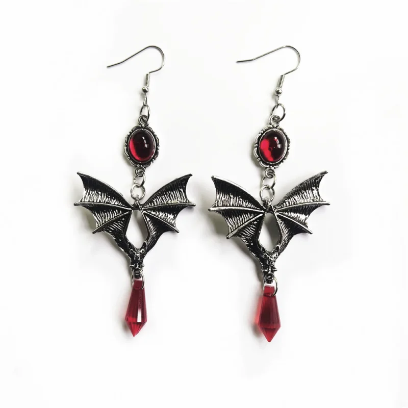Neon Gothic Retro Vampire Bat with Red Crystal Column Women`s Vintage Drop Earrings Fashion Jewelry