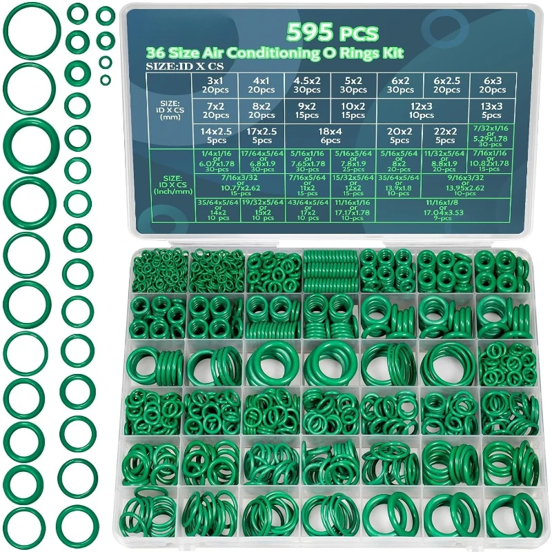 595pcs Air Conditioning O Ring Kit, 36 Size Seal Rubber O-Rings Assortment Set for Compressor Automotive A/C Plumbing Repair