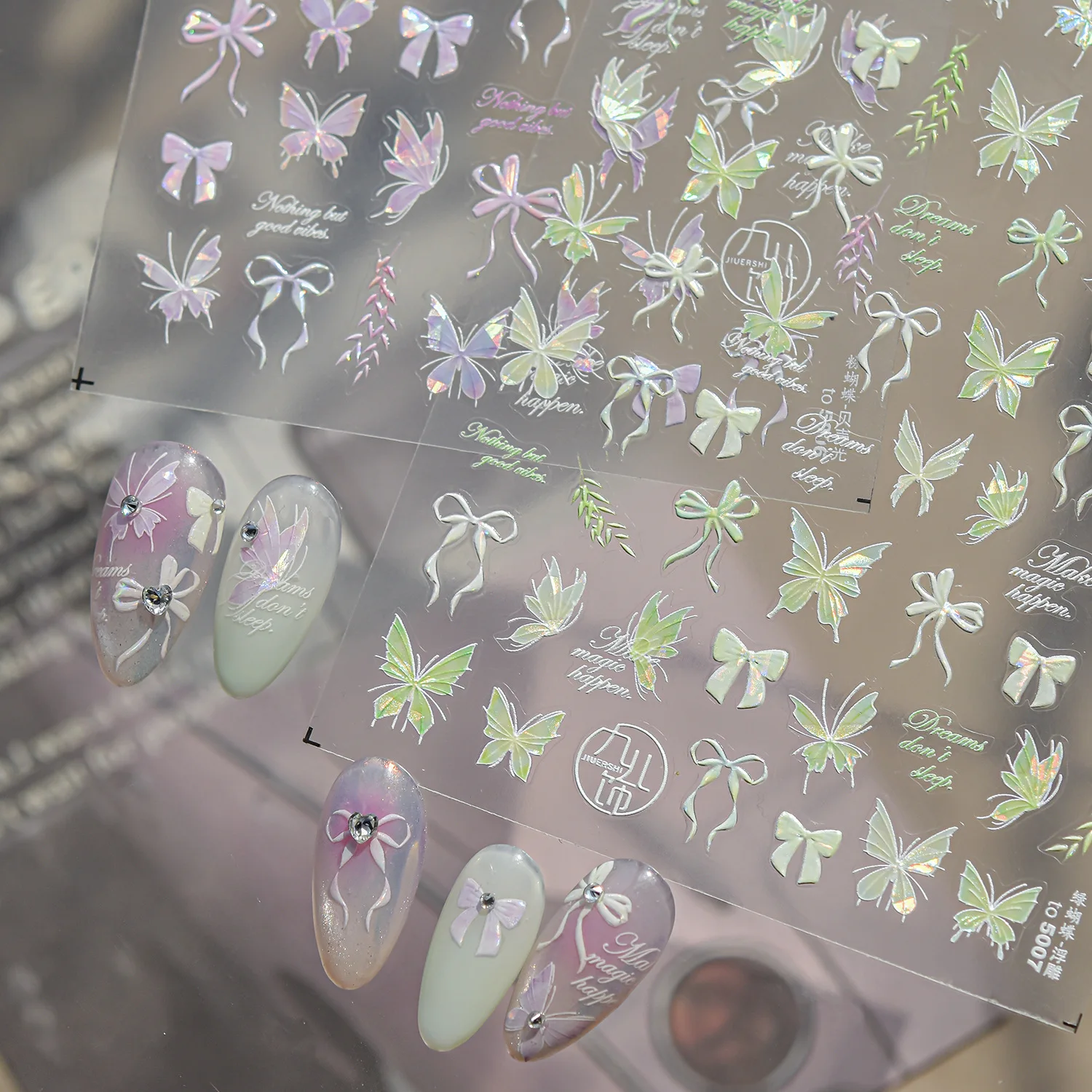 Embossed 5D Butterfly Bowknot Nail Stickers Leaf Pink Green Flying Butterfly Wing Adhesive Nail Art Stickers 3D Manicure Decals