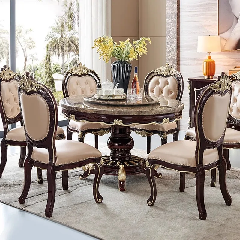 ^European-style Solid Wood Dining Table Chair Set Marble Top Swivel Tray Disassembly Assembly Upscale Vintage Home Dining