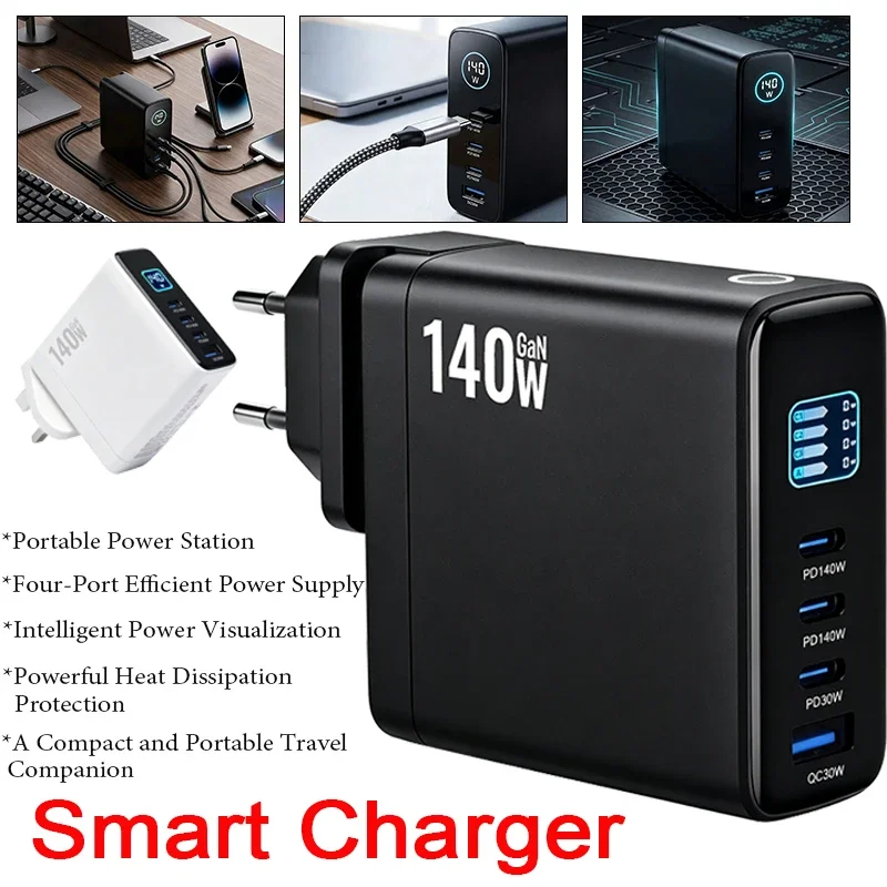 140W Multi-Port GaN Smart Charger with TFT Digital Display 3C1A 4-Port Desktop PD3.1 USB Type C Charger for Phone Laptop