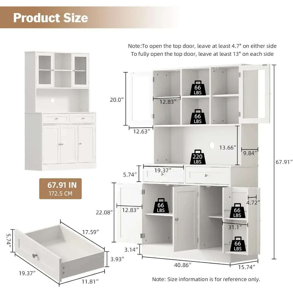 Cabinet, 68 Inch Tall Kitchen Storage Cabinet, White Freestanding Wooden Pantry Sideboard with Adjustable Shelves Microwave