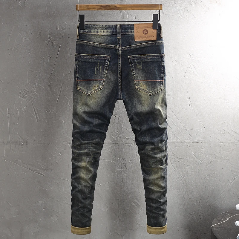Street Fashion New Men's Jeans Vintage Blue Elastic Slim Fit Split Jeans Wash Water Nostalgic Hip Hop Brand Pants