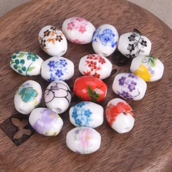 20pcs 10x8mm Oval Floral Pattern Loose Ceramic Porcelain Beads for Jewelry Making DIY Crafts
