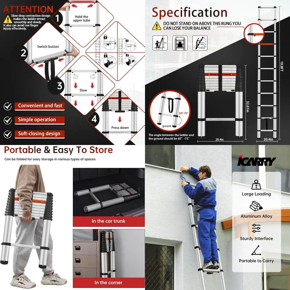 

Алюминиевая телескопическая лестница 10,8 футов с втягиванием в одно касание, мягким закрыванием, нескользящими ножками для домашнего и наружного использования, крышка нагрузки 250 фунтов