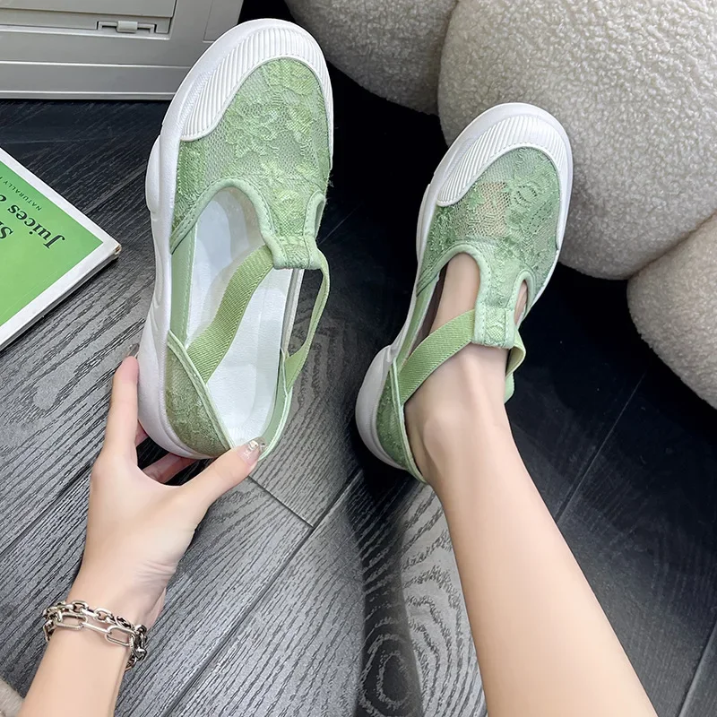 Lace White Shoes Women 2024 Summer New Thick Bottom Sandalias Mujer Breathable Flat Shoes Comfort Versatile Casual Shoes Tenis