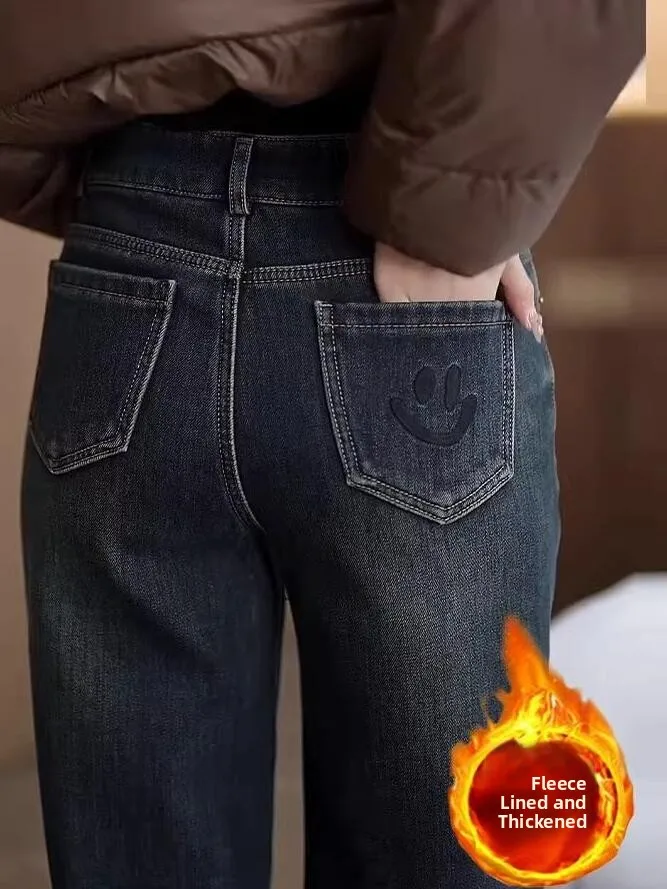 Thickened Fleece High Waist Wide Leg Jeans Women Winter New Style 2025 Trendy Slim Straight Narrow Version Denim Pants