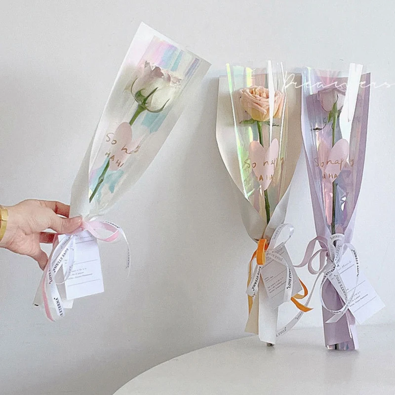 10Pcs Flower Wrapping Paper Bag Single Rose Sleeves Flower Bouquet Packaging Clear Cellophane Kraft Paper Floral Wrappers Gift