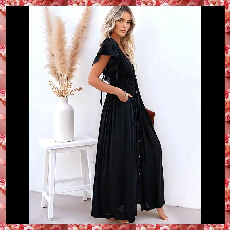 فستان شاطئ صيفي كاجوال للنساء، فستان طويل مكشكش بأزرار سفلية، فستان بوهو طويل