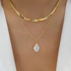 Vintage Fashion Simple Gold-plate Snake Chain Imitation Pearl Pendant Necklace For Women Female Boho Multilevel Jewelry Gift
