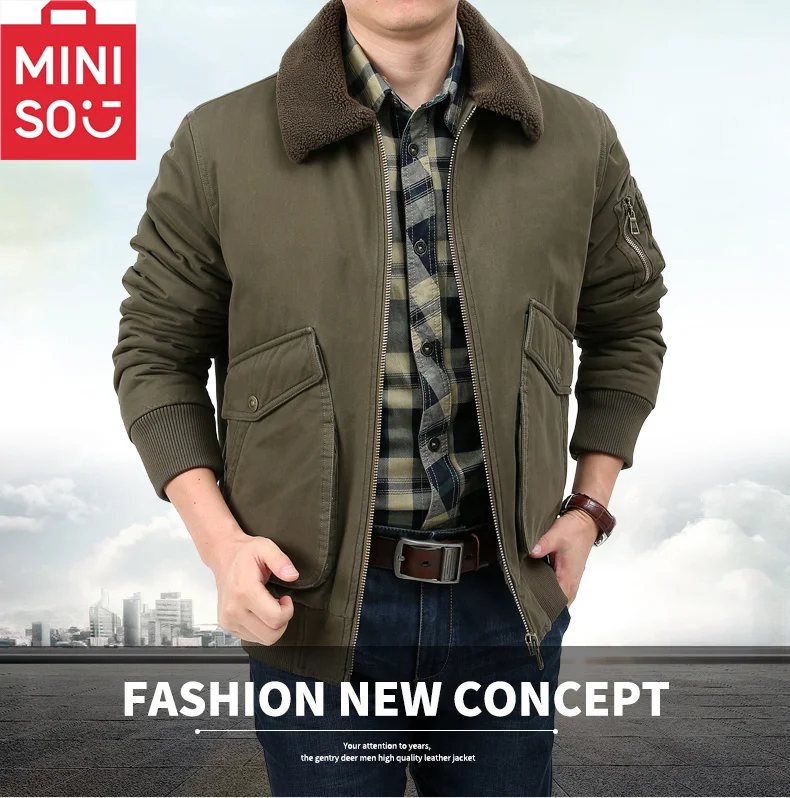 MINISO Heavy Industry Outdoor workwear Jacket with Velvet Thickened Cotton Coat Cotton Jacket Trendy Versatile Men\'s Casual Jack