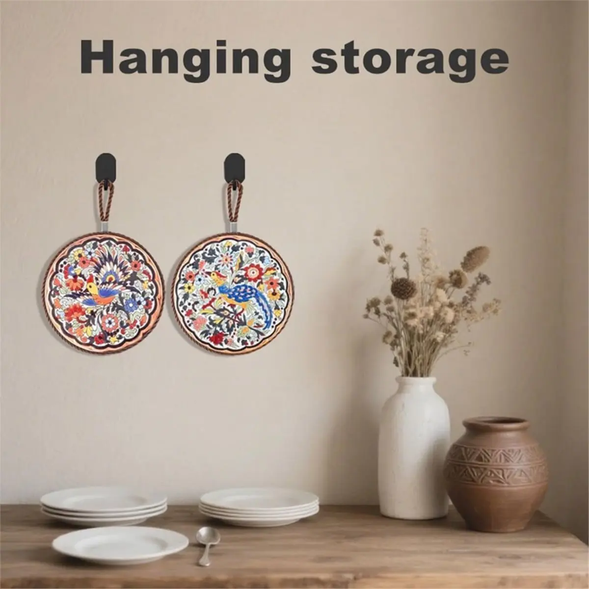 update. 4pcs Vintage Ceramic Heat Insulating Mat with Cork Base Coasters New Chinese Style Dinner Mat with Hanging Rope