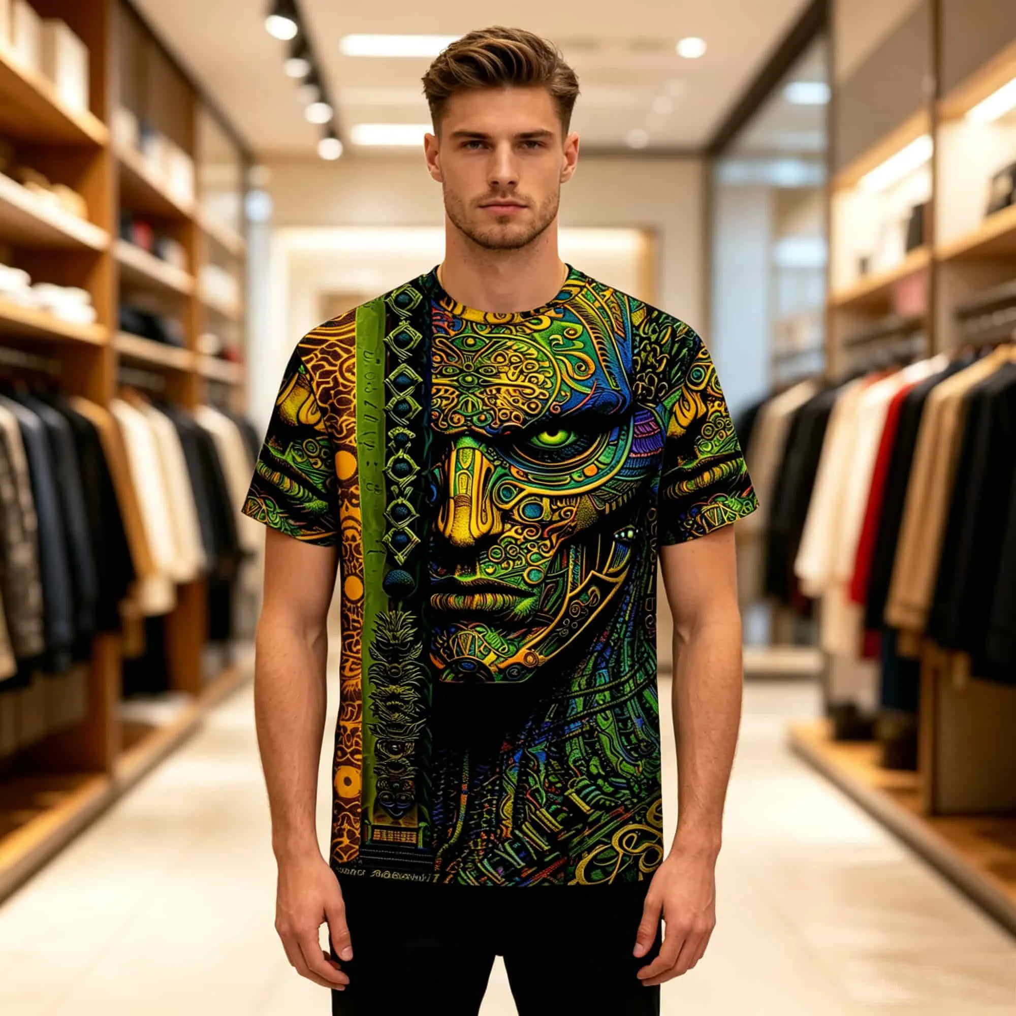 Herren-T-Shirt im Ethno-Stil mit kurzen Ärmeln, psychedelischem Tribal-Totem-All-Over-Print, lässiges Hip-Hop-Streetwear-Shirt mit Rundhalsausschnitt – Detail 7