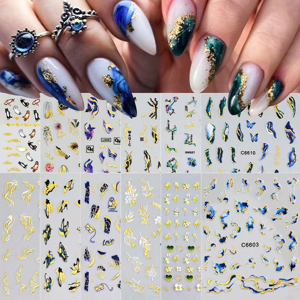 12 sheets Golden Blue Marble Nails Stickers Ocean Wave Lines Smoke Design Manicure Decals Nail Slider Blooming Ink Sticker