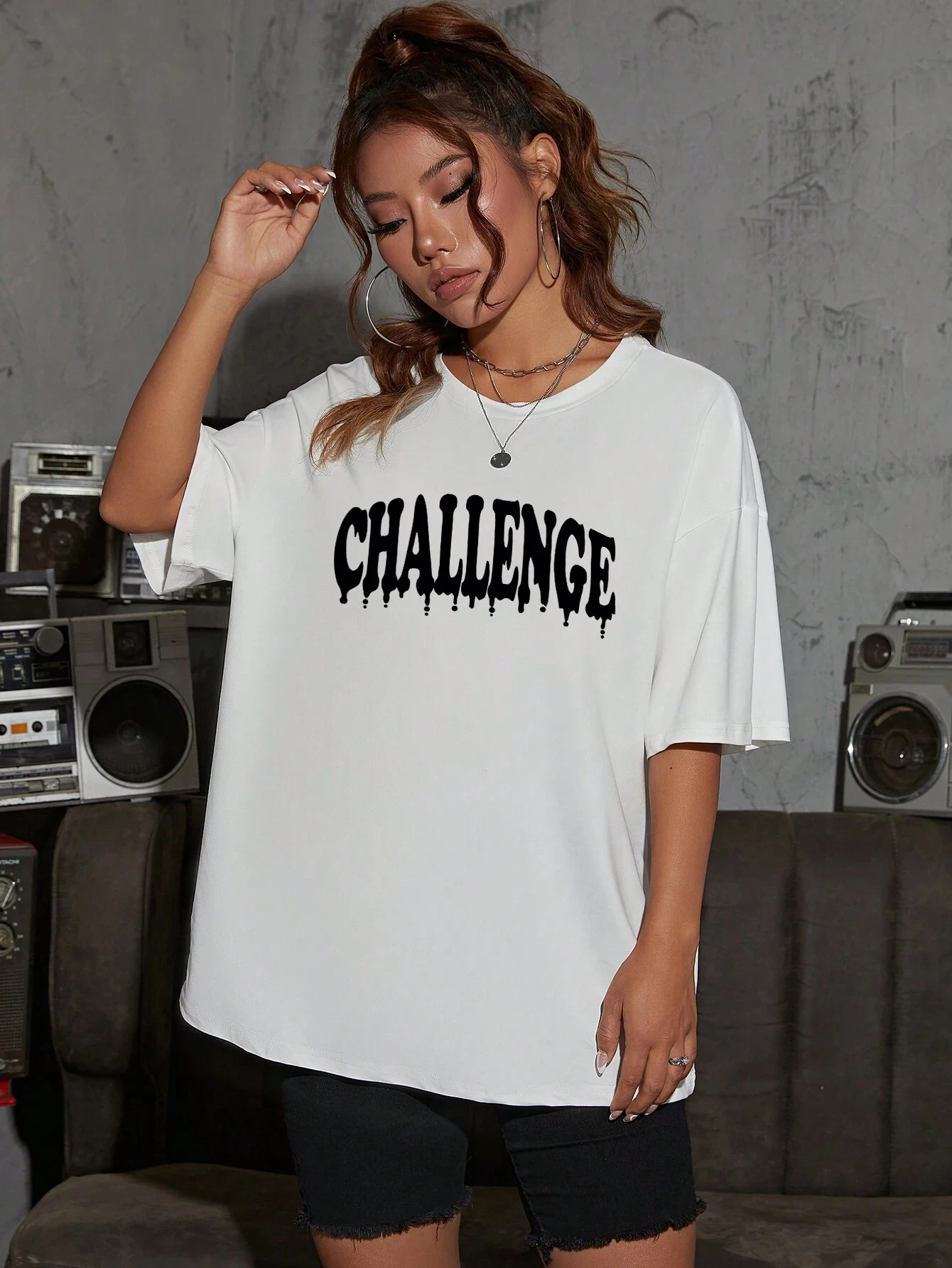 Challenge Black Font Simple Letters Tshirt Womens Street Fashion Short Sleeve Personality Cool Clothing Harajuku Hip Hop Tshirts