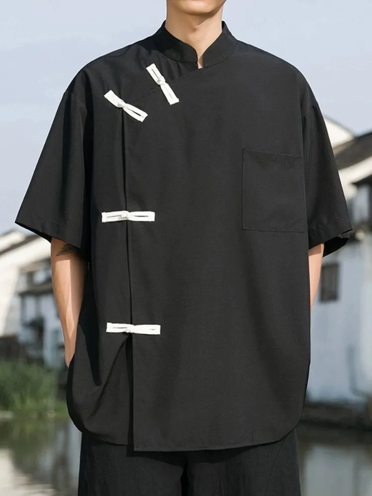 

New Chinese Style Men's Ice Silk Short Sleeve Shirt Button up Loose Fit Summer Fashion Retro Tang Costume Top Youth Popular