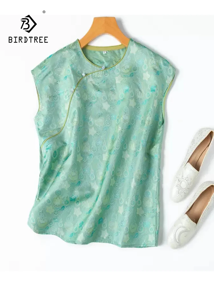 

BirdTree, 100%Real Silk Song Brocade Elegant T-Shirt, Women Sleeveless Jacquard, Loose Commute Retro Tops, 2024 Summer T46470QC