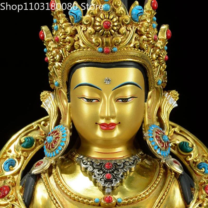 Brass Gilded Amitayus Buddha Statue Longevity Buddha Tibetan Buddhist Inlay Ksitigarbha Sculpture Altar Home Decor