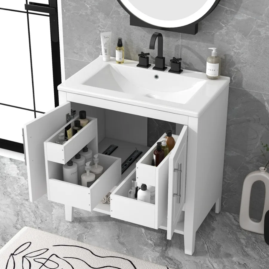 30" Bathroom Vanity with Sink, Multi-functional Bathroom Cabinet with Doors and Drawers, Solid Frame and MDF Board, Whit image 2