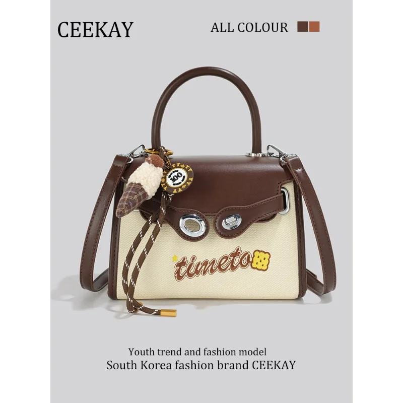 

2026 New CEEKAY Mini Handbag, Canvas & Leather Color Block Bag Cute Embroidery Shoulder Bag for Women Mini Tote Bag with Pendant
